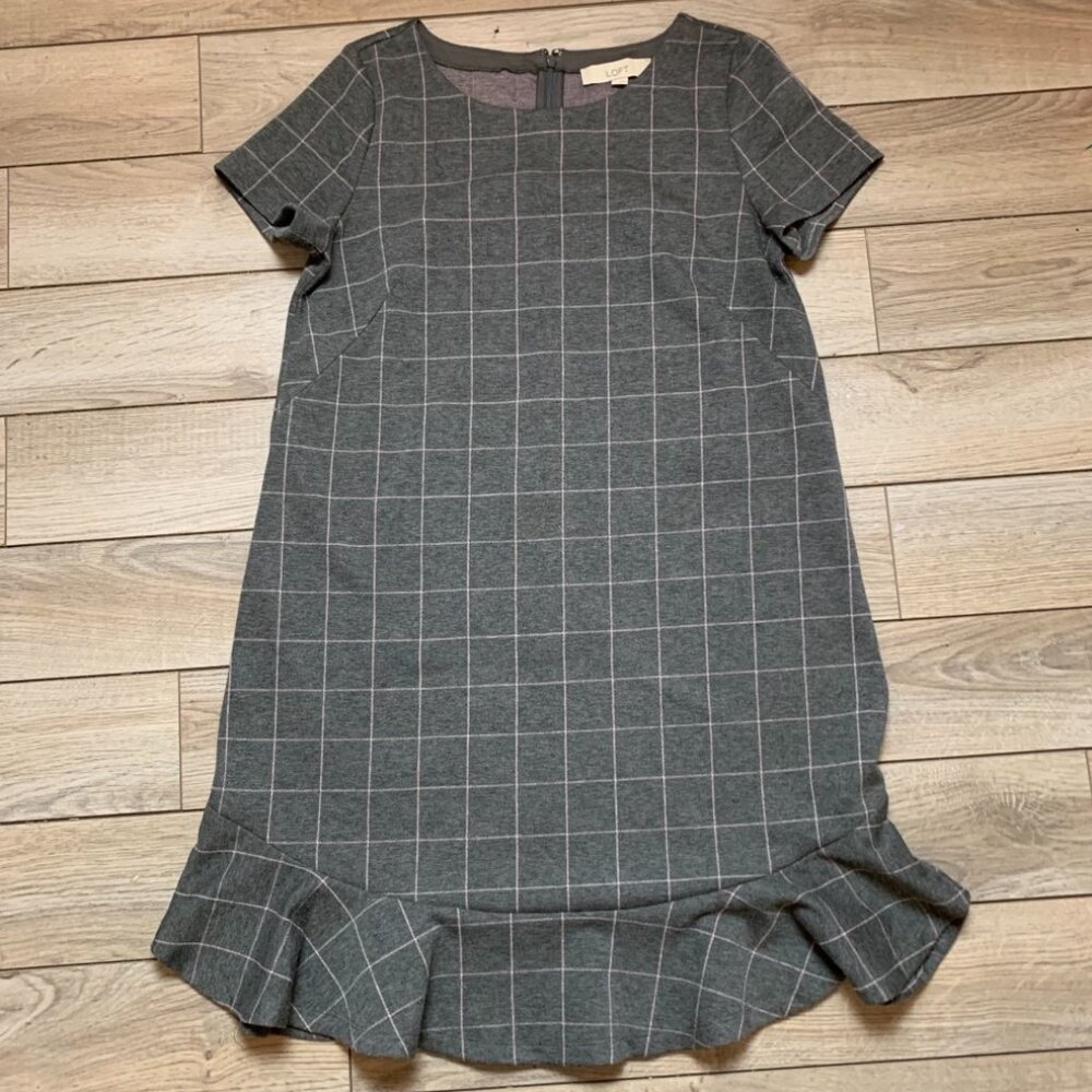 Ann Taylor LOFT Women Gray Pink Graphic Check Ruffle Trim 36" Length Dress~Sz 6